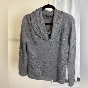 Jones New York Cowl Neck Embroidered Floral Sweater, Medium, Grey Pullover